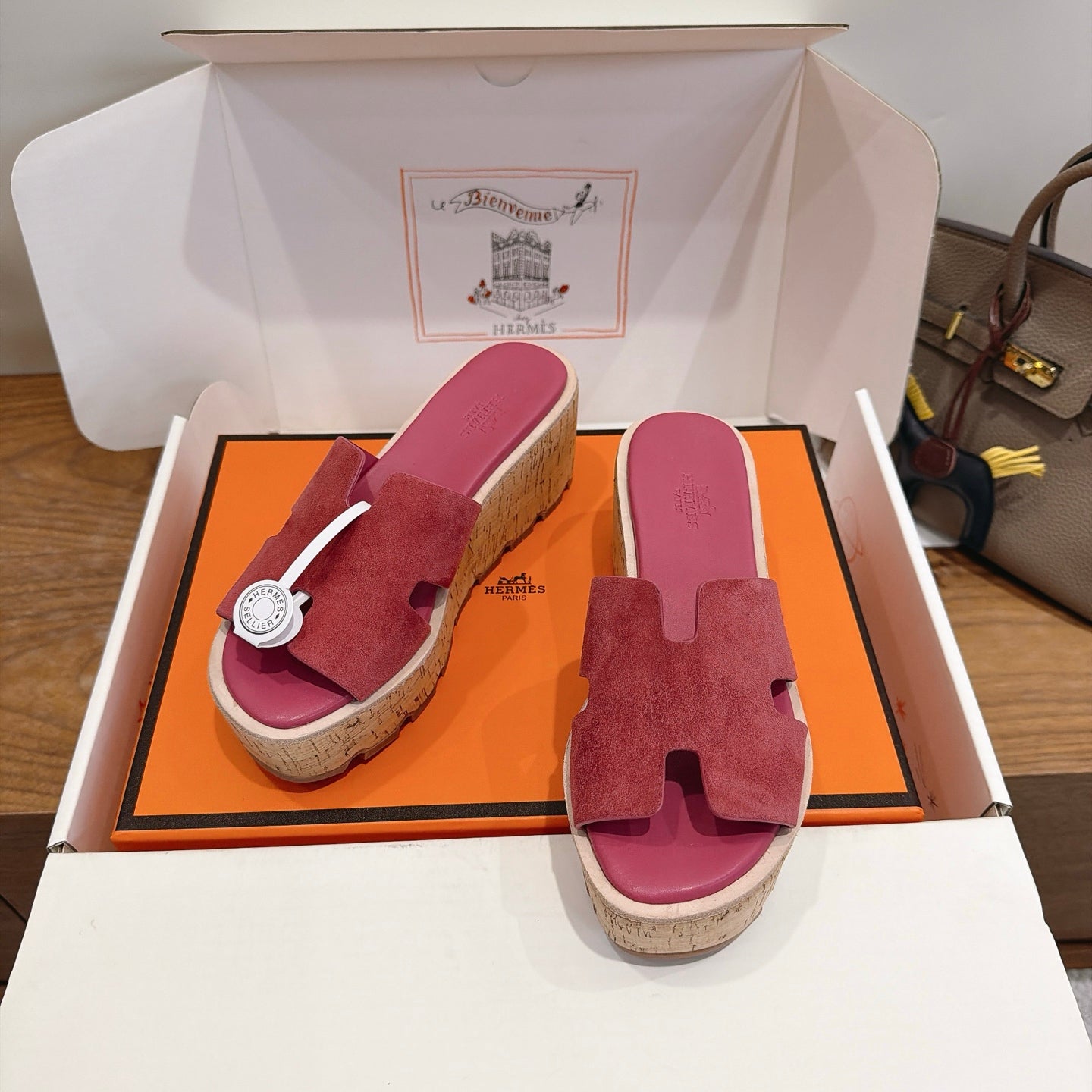 HM 26S WEDGE SANDALS IN DARK PINK SUEDE AND LAMBSKIN