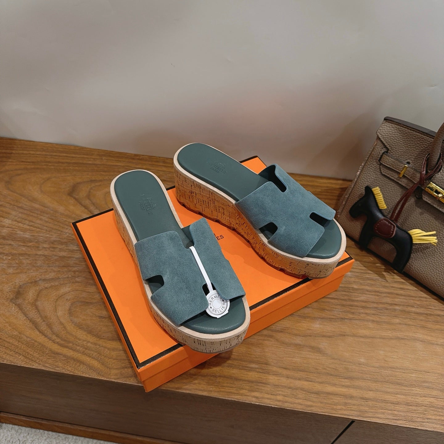 HM 26S WEDGE SANDALS IN TEAL BLUE SUEDE AND LAMBSKIN
