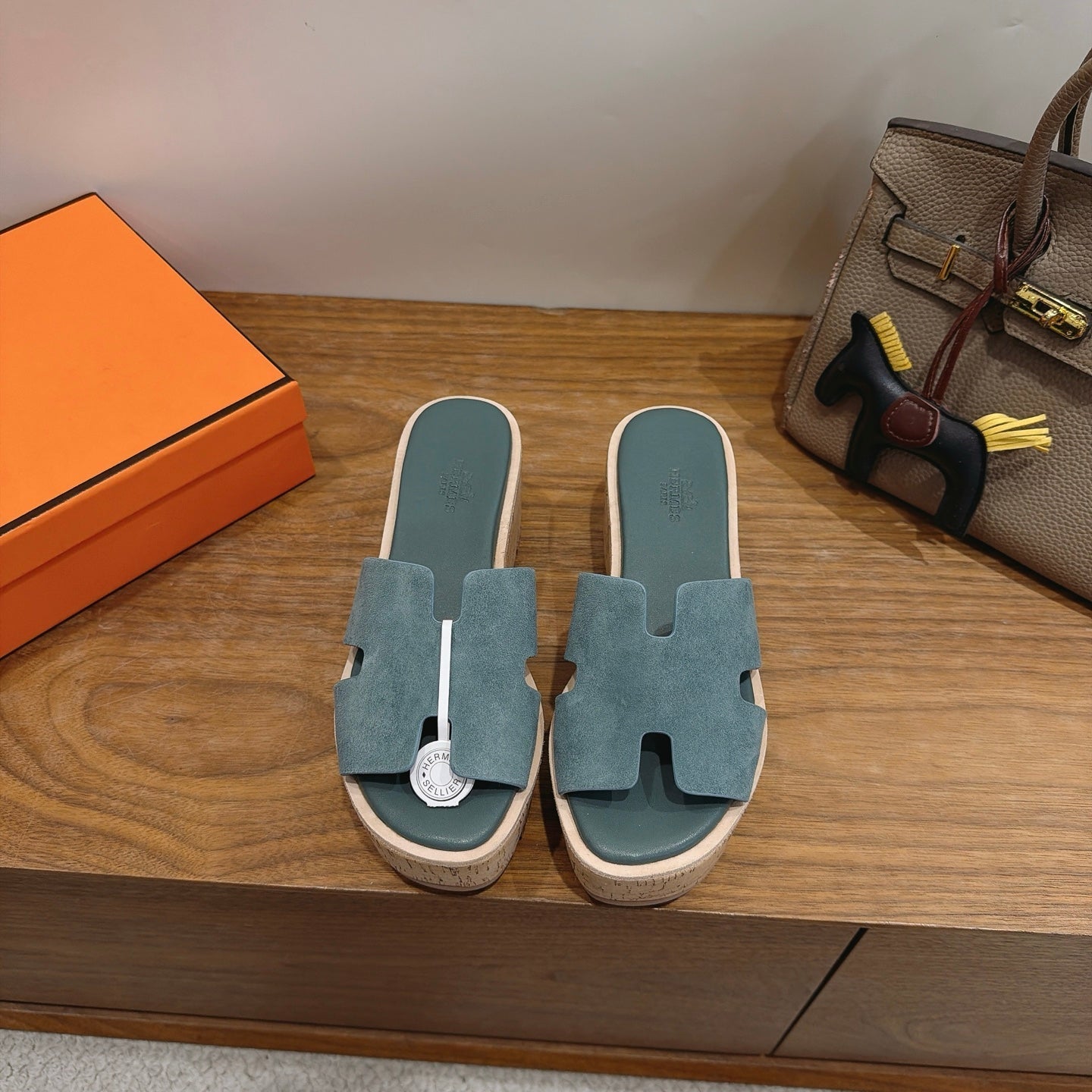 HM 26S WEDGE SANDALS IN TEAL BLUE SUEDE AND LAMBSKIN