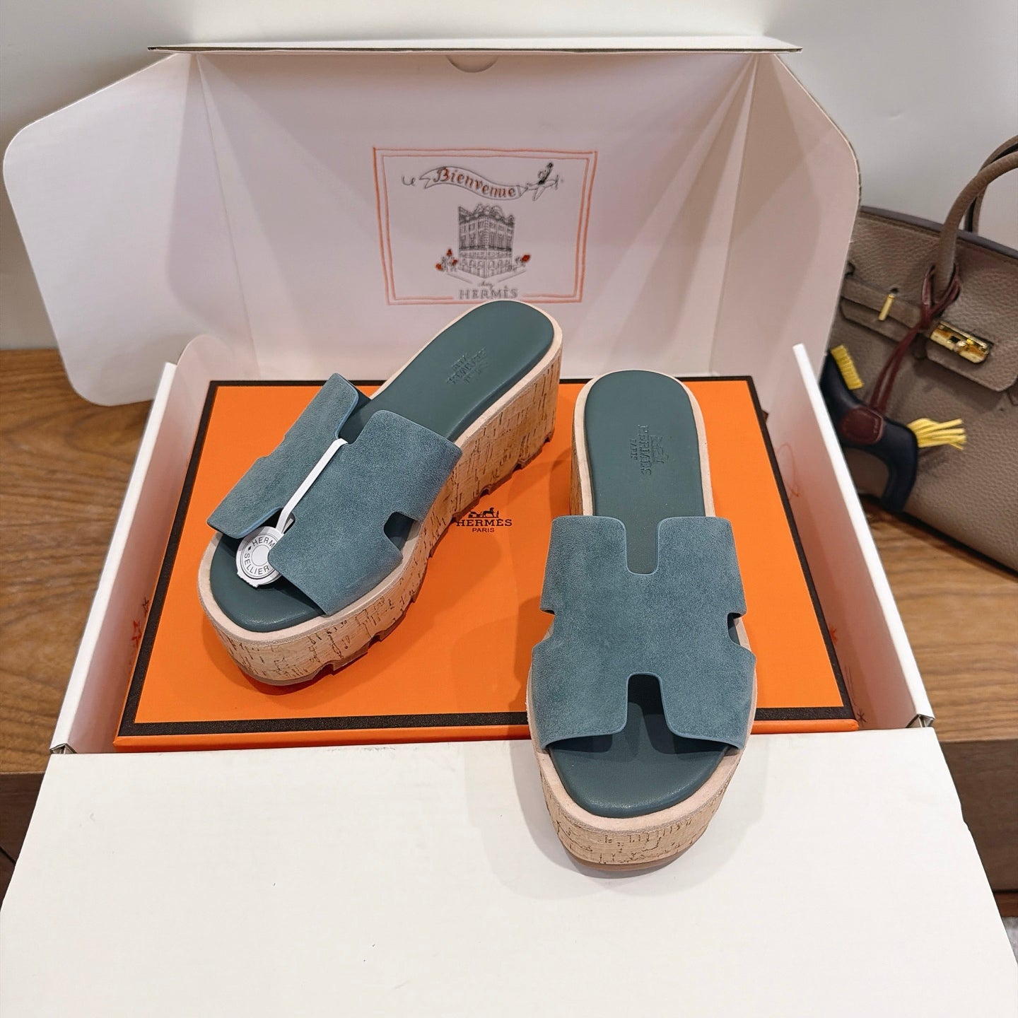 HM 26S WEDGE SANDALS IN TEAL BLUE SUEDE AND LAMBSKIN