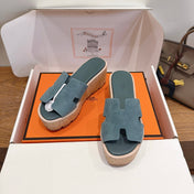 HM 26S WEDGE SANDALS IN TEAL BLUE SUEDE AND LAMBSKIN