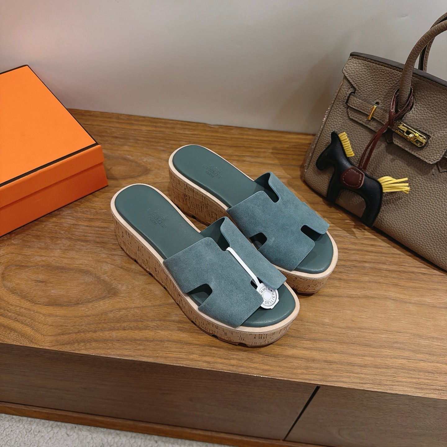 HM 26S WEDGE SANDALS IN TEAL BLUE SUEDE AND LAMBSKIN