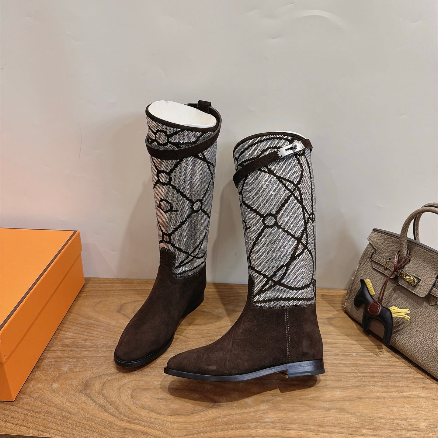 HM 26S JUMPING BOOTS IN DARK BROWN SUEDE AND RHINESTONE FABRIC