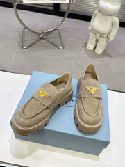 PRADA 25S THICK-SOLE LOAFERS 60 MM IN BEIGE SUEDE WITH GOLD HARDWARE
