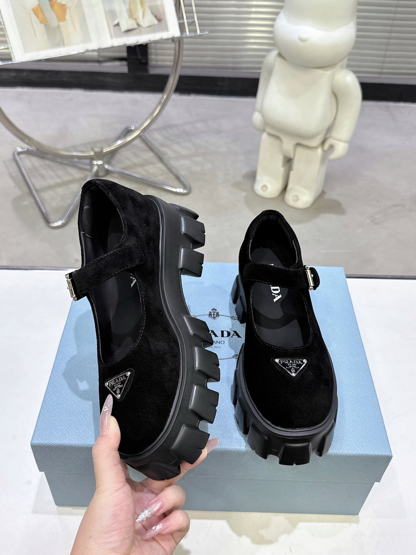 PRADA 25S PLATFORM MARY JANE SHOES IN BLACK SUEDE