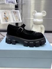 PRADA 25S PLATFORM MARY JANE SHOES IN BLACK SUEDE