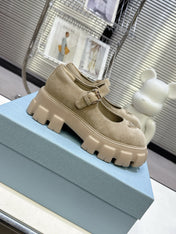 PRADA 25S PLATFORM MARY JANE SHOES IN BEIGE SUEDE
