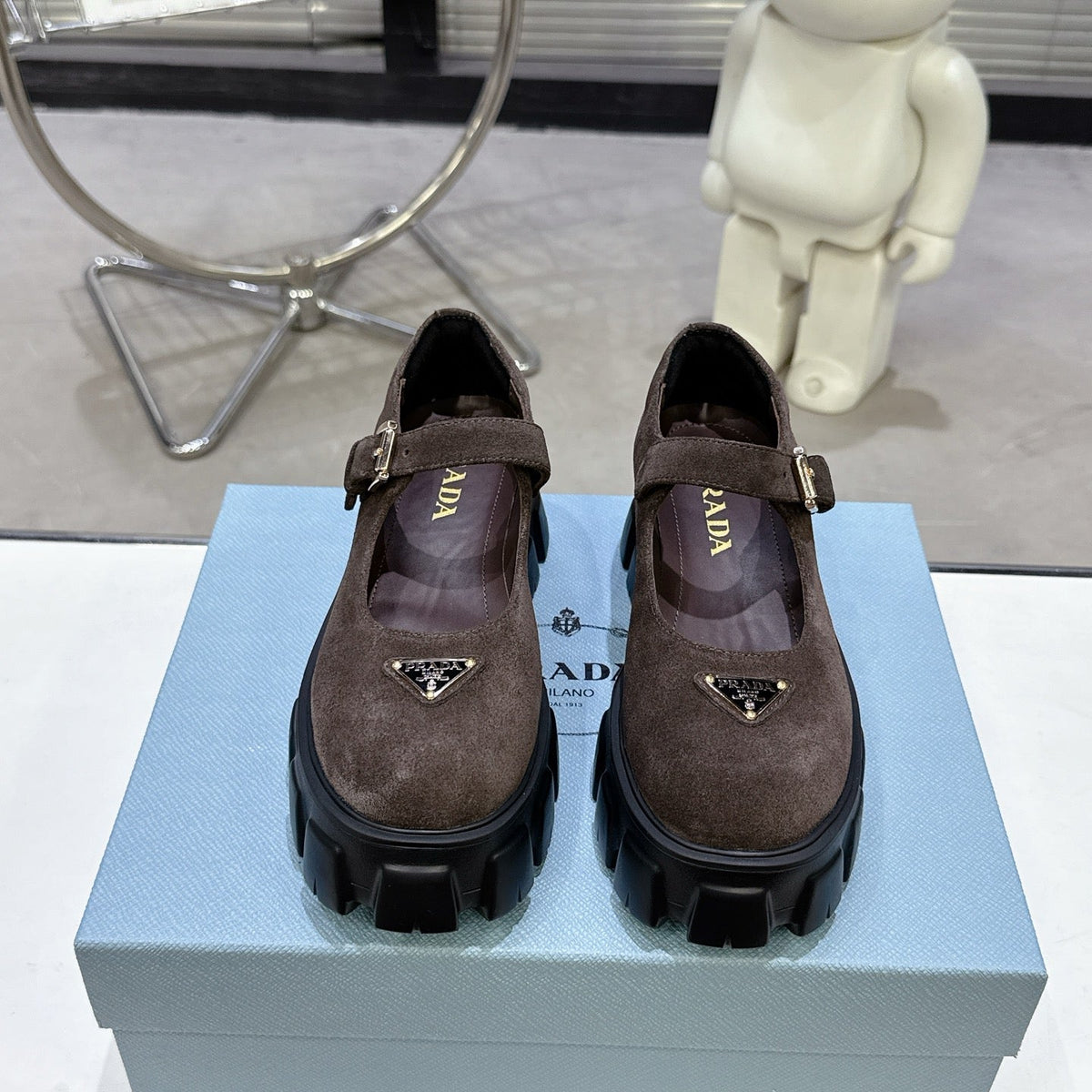 PRADA 25S PLATFORM MARY JANE SHOES IN DARK BROWN SUEDE