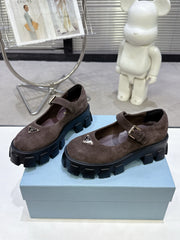 PRADA 25S PLATFORM MARY JANE SHOES IN DARK BROWN SUEDE