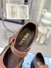 PRADA 25S PLATFORM MARY JANE SHOES IN BROWN CALFSKIN