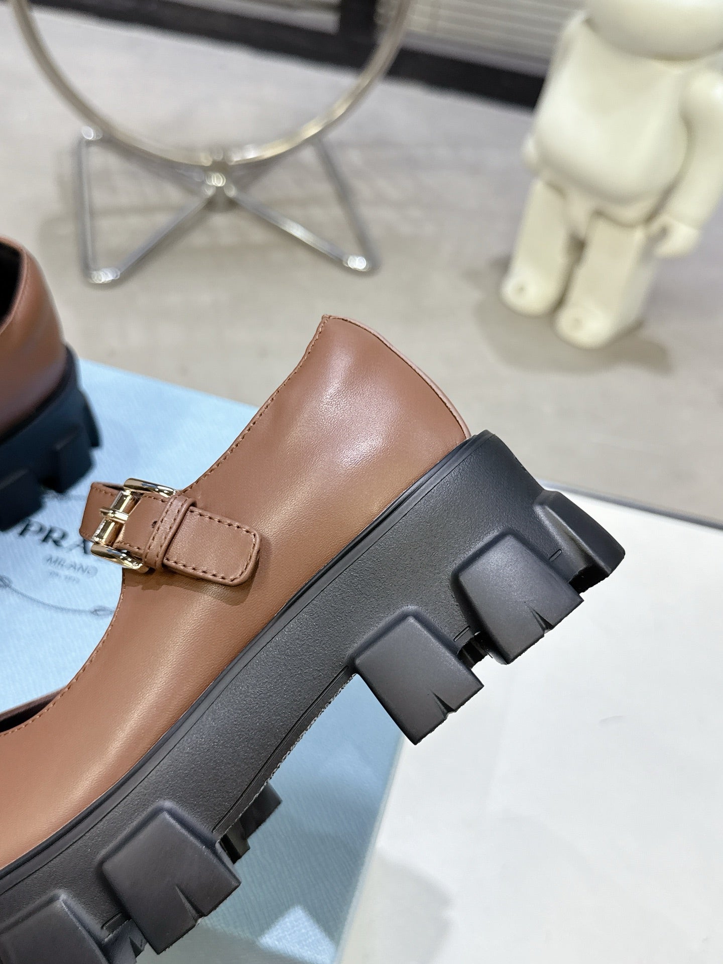 PRADA 25S PLATFORM MARY JANE SHOES IN BROWN CALFSKIN