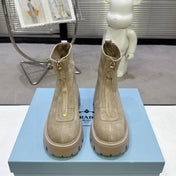 PRADA 25S ZIP-UP ANKLE BOOTS IN BEIGE SUEDE