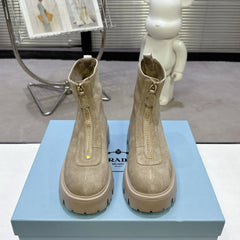 PRADA 25S ZIP-UP ANKLE BOOTS IN BEIGE SUEDE