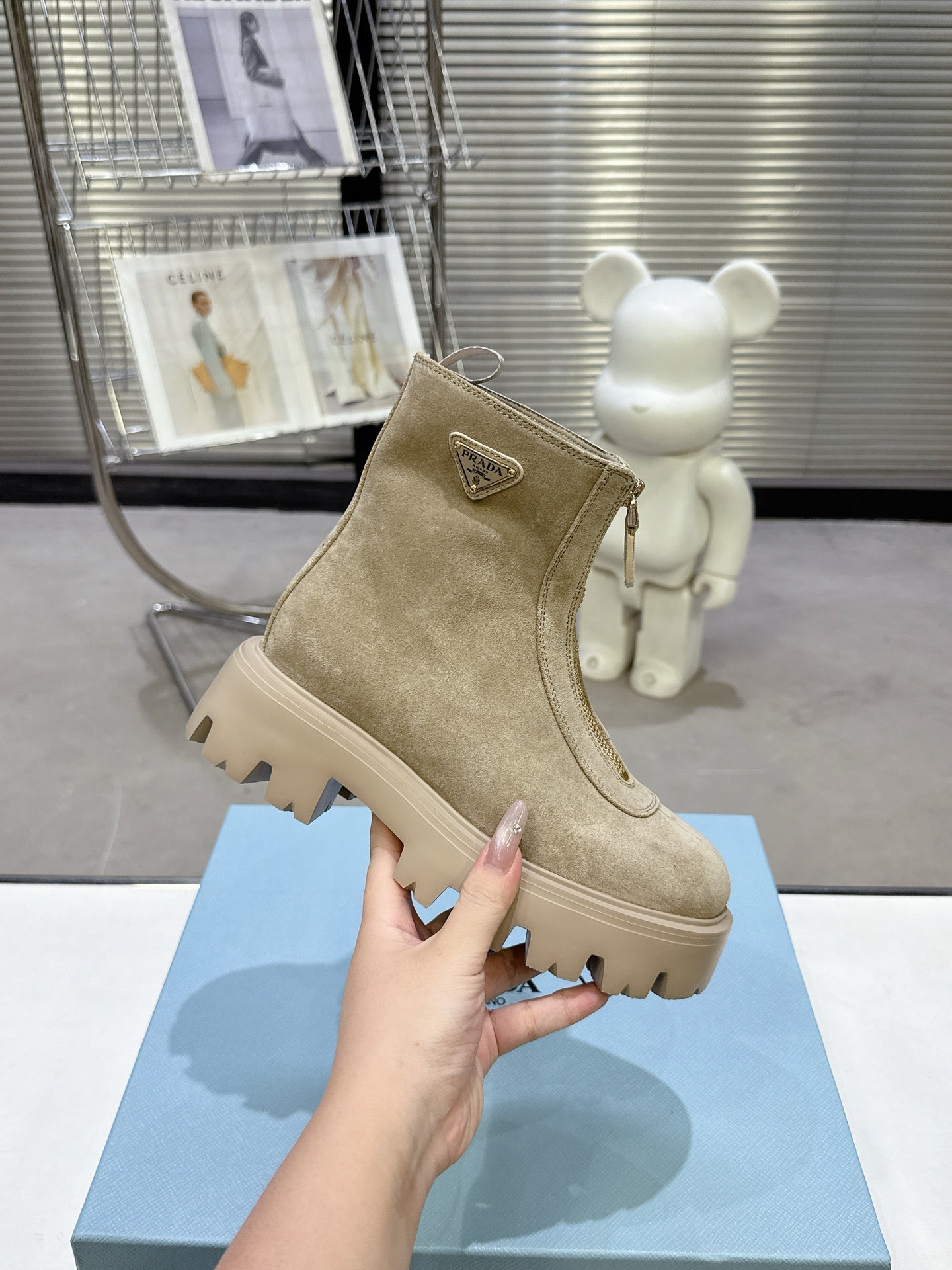 PRADA 25S ZIP-UP ANKLE BOOTS IN BEIGE SUEDE
