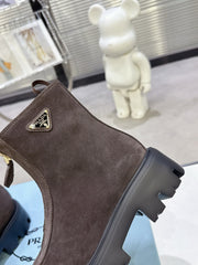 PRADA 25S ZIP-UP ANKLE BOOTS IN DARK BROWN SUEDE
