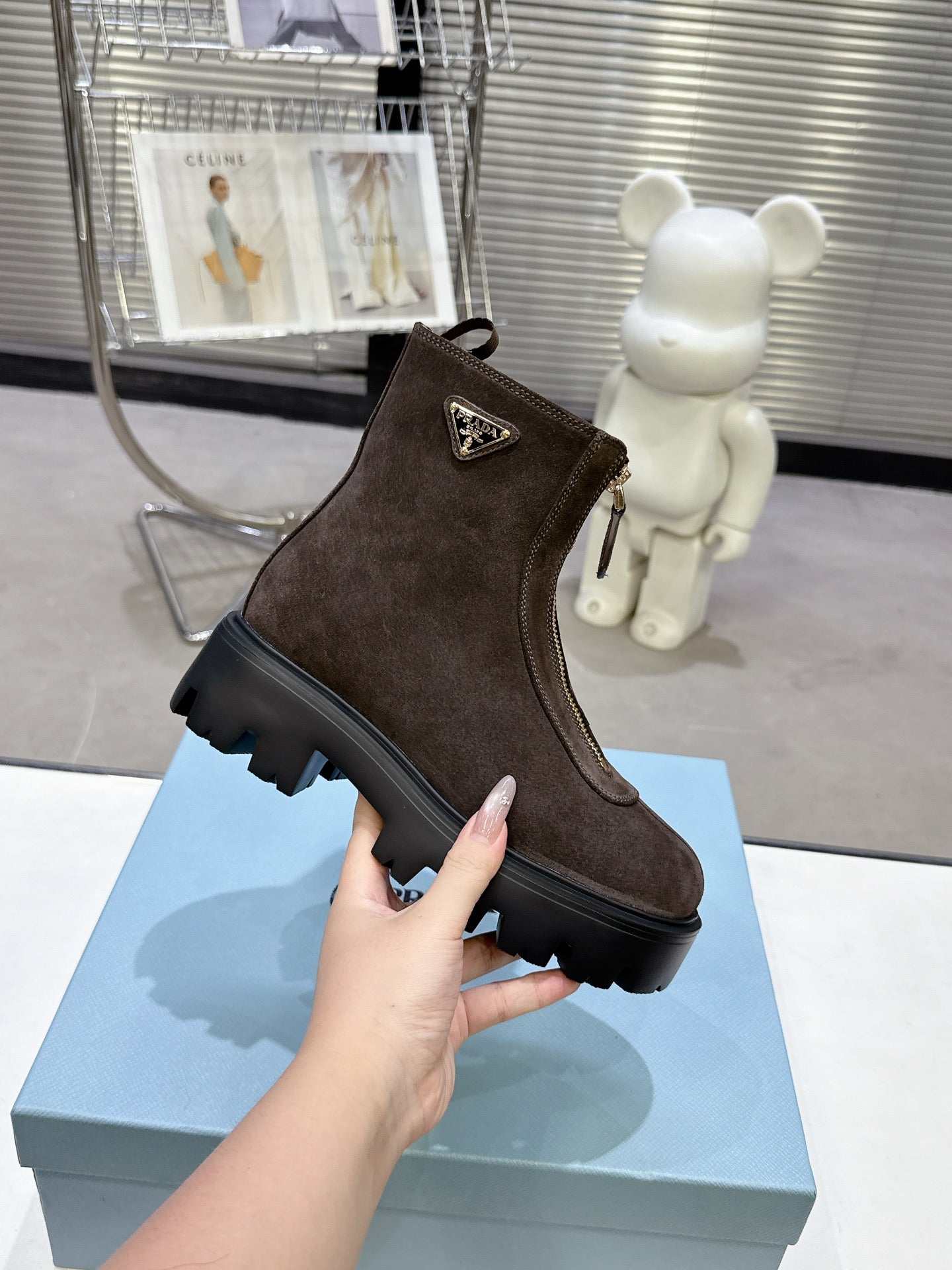 PRADA 25S ZIP-UP ANKLE BOOTS IN DARK BROWN SUEDE