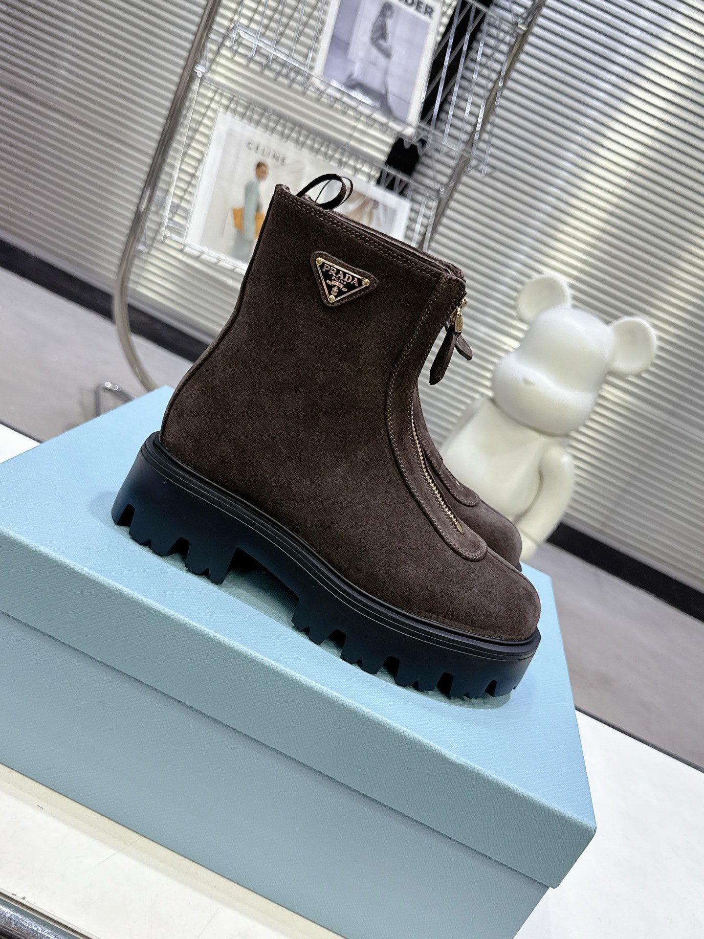 PRADA 25S ZIP-UP ANKLE BOOTS IN DARK BROWN SUEDE