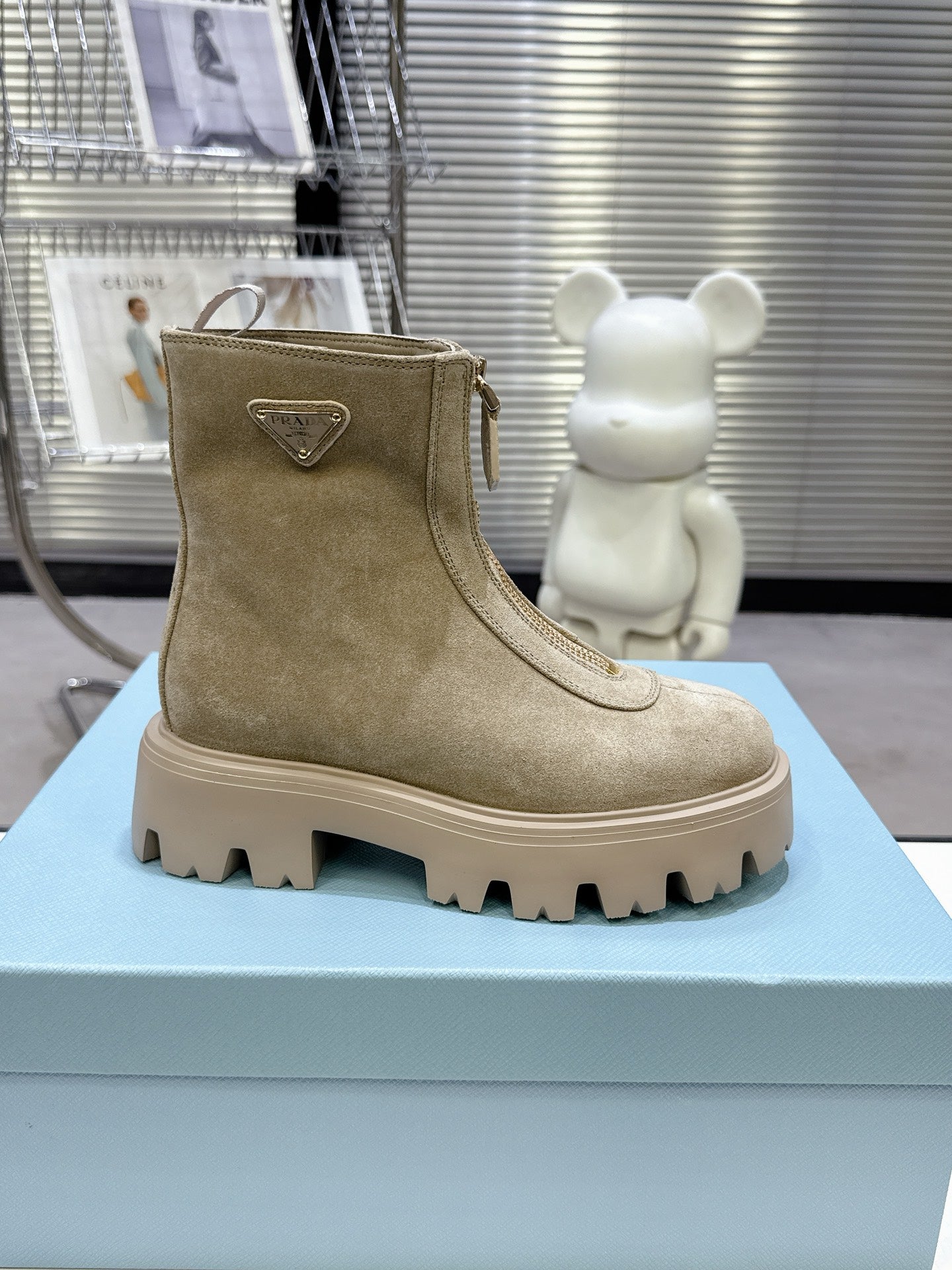 PRADA 25S ZIP-UP ANKLE BOOTS IN BEIGE SUEDE