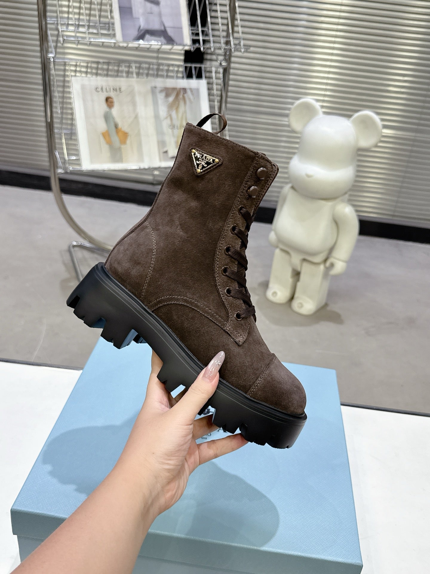 PRADA 25S WARRIOR BOOTS IN DARK BROWN SUEDE