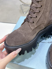 PRADA 25S WARRIOR BOOTS IN DARK BROWN SUEDE