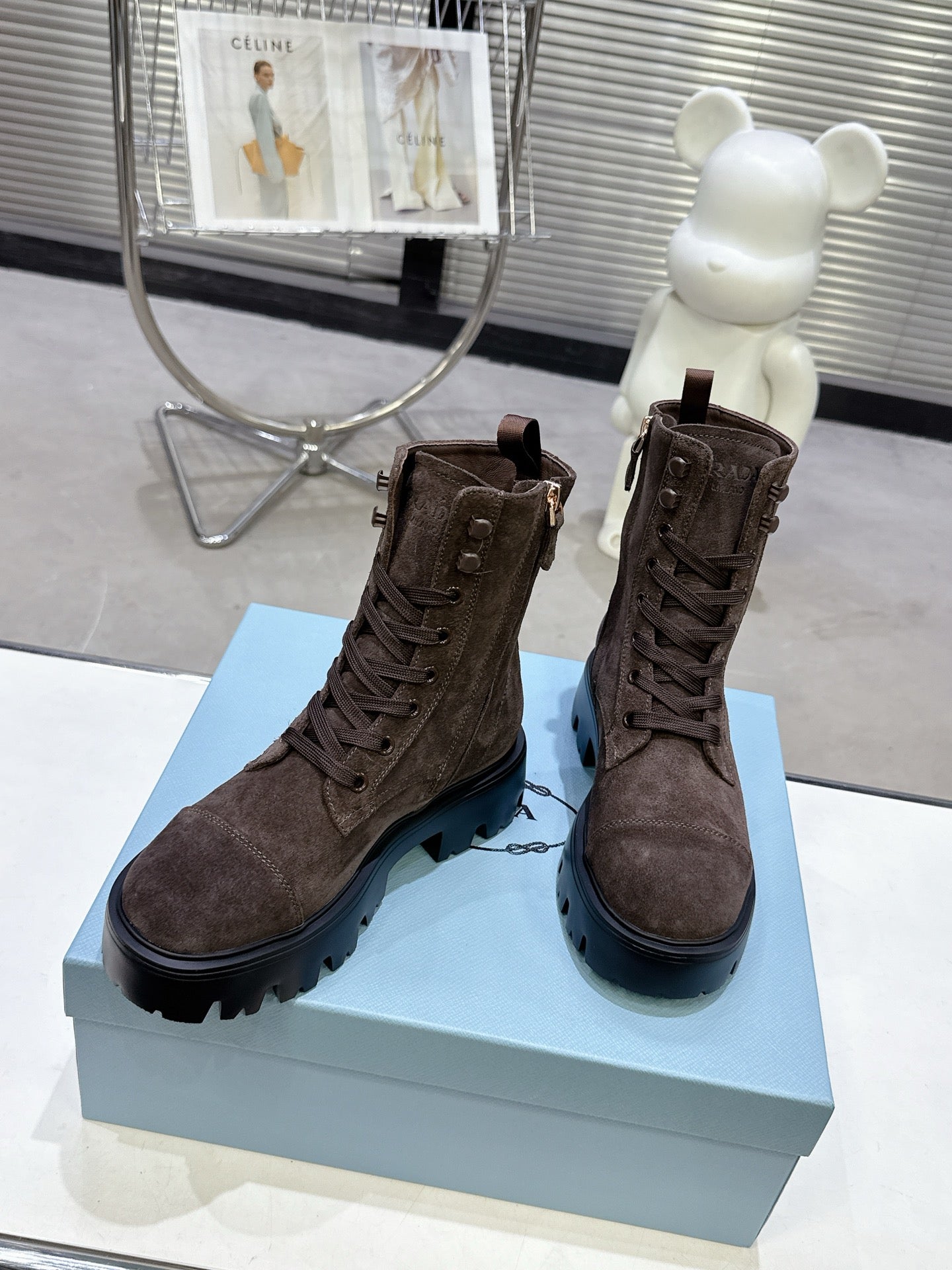 PRADA 25S WARRIOR BOOTS IN DARK BROWN SUEDE