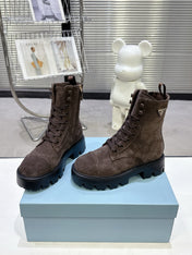 PRADA 25S WARRIOR BOOTS IN DARK BROWN SUEDE