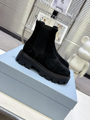 PRADA 25S RETRO PLATFORM MARTIN ANKLE BOOTS IN BLACK SUEDE
