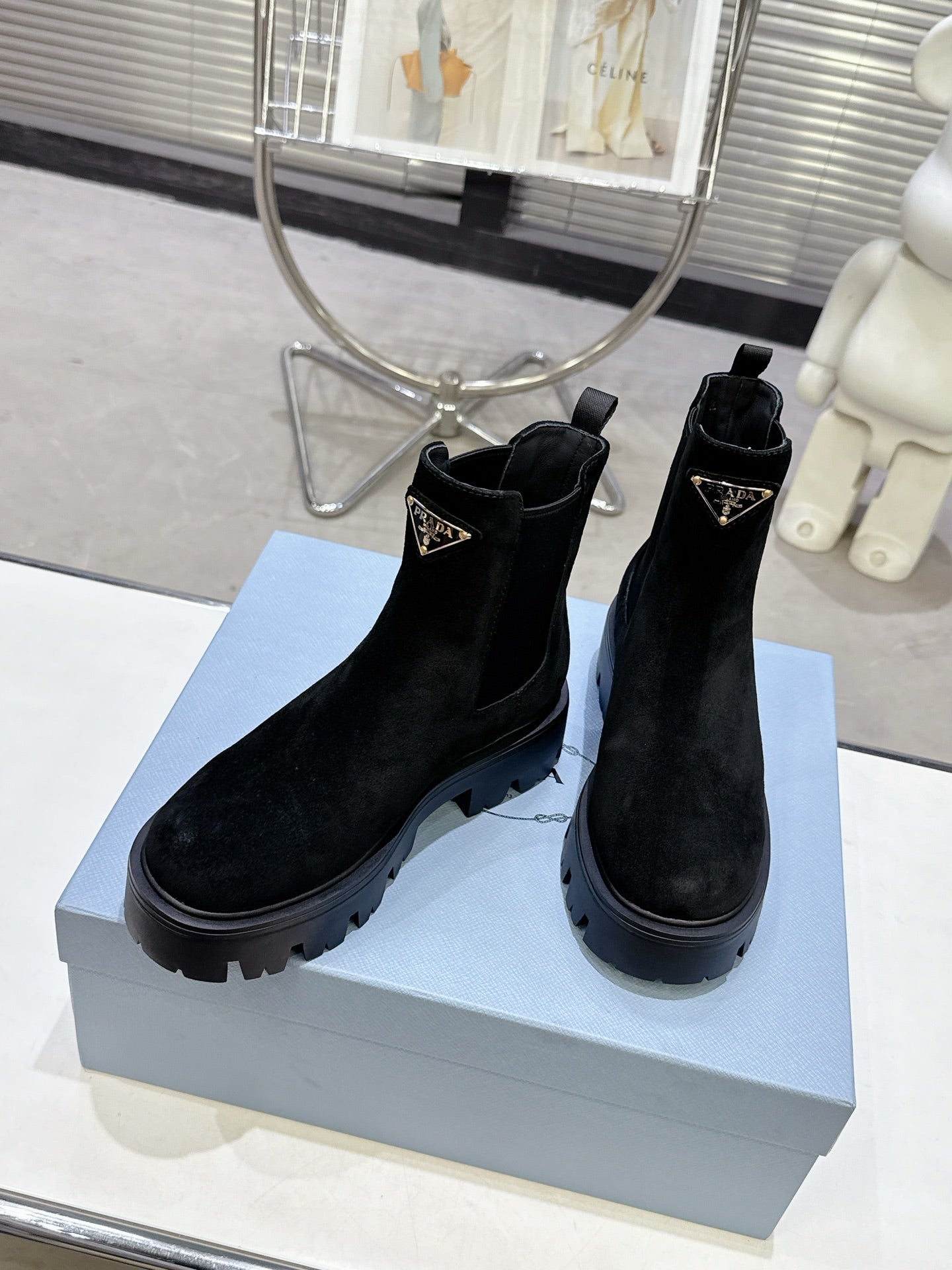 PRADA 25S RETRO PLATFORM MARTIN ANKLE BOOTS IN BLACK SUEDE