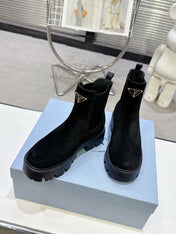 PRADA 25S RETRO PLATFORM MARTIN ANKLE BOOTS IN BLACK SUEDE