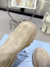 PRADA 25S RETRO PLATFORM MARTIN ANKLE BOOTS IN BEIGE SUEDE