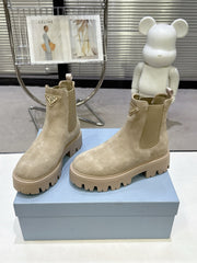 PRADA 25S RETRO PLATFORM MARTIN ANKLE BOOTS IN BEIGE SUEDE