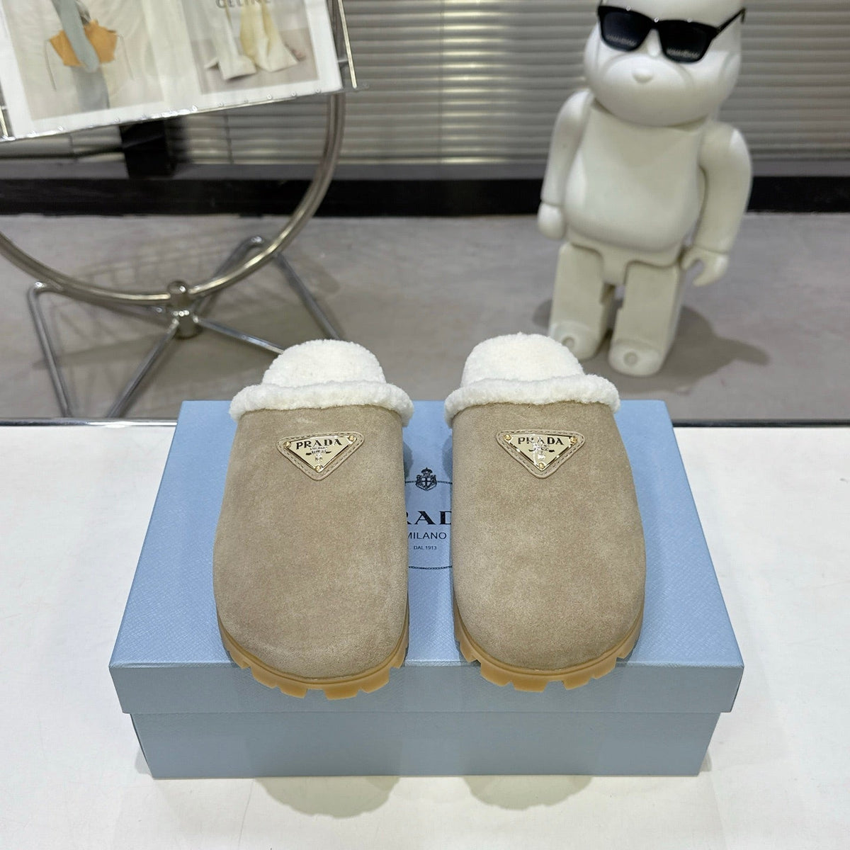PRADA 25S FUR-LINED SABOT MULES IN BEIGE SUEDE