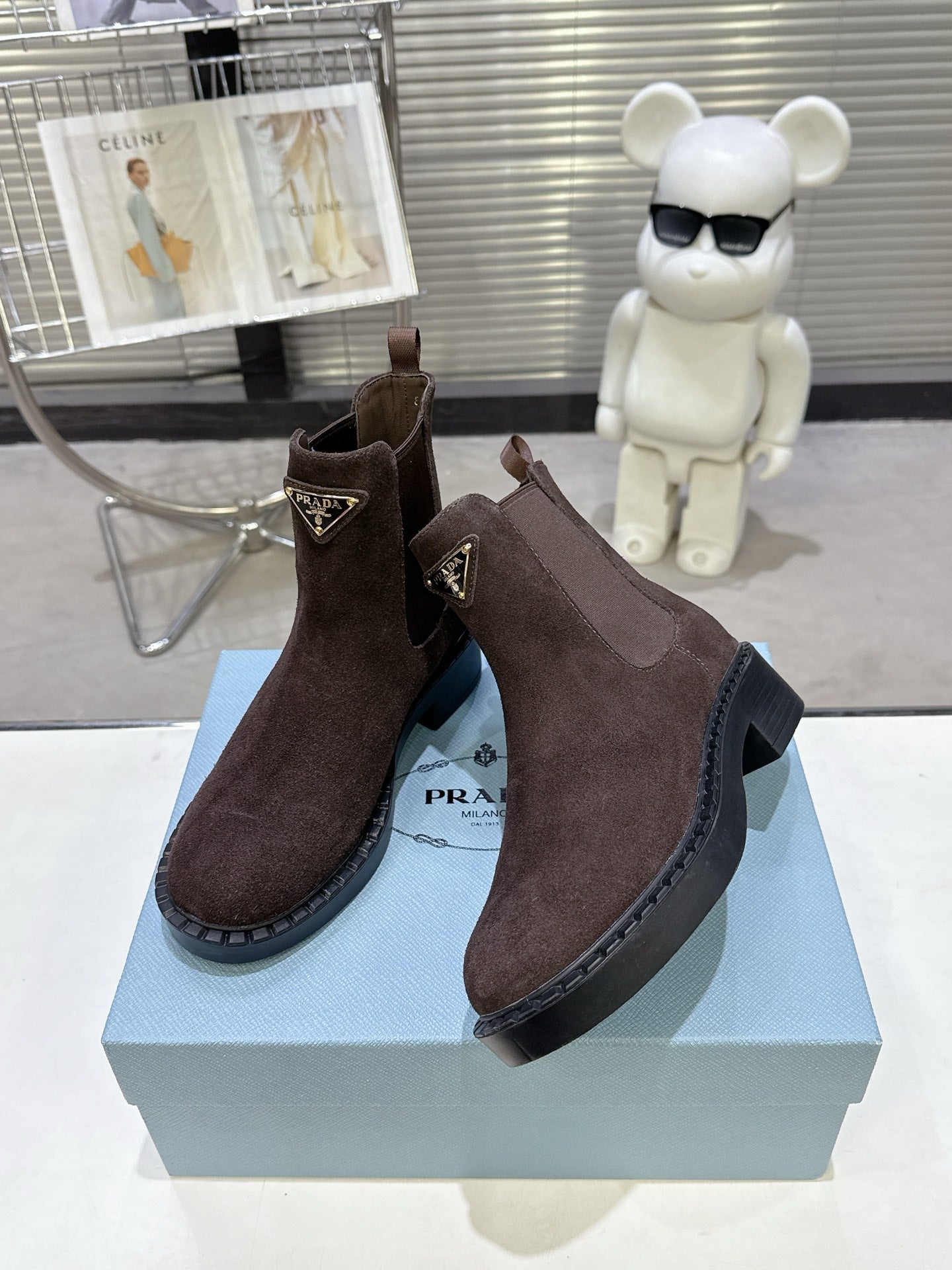 PRADA 25S RETRO PLATFORM MARTIN BOOTS IN DARK BROWN SUEDE