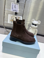 PRADA 25S RETRO PLATFORM MARTIN BOOTS IN DARK BROWN SUEDE