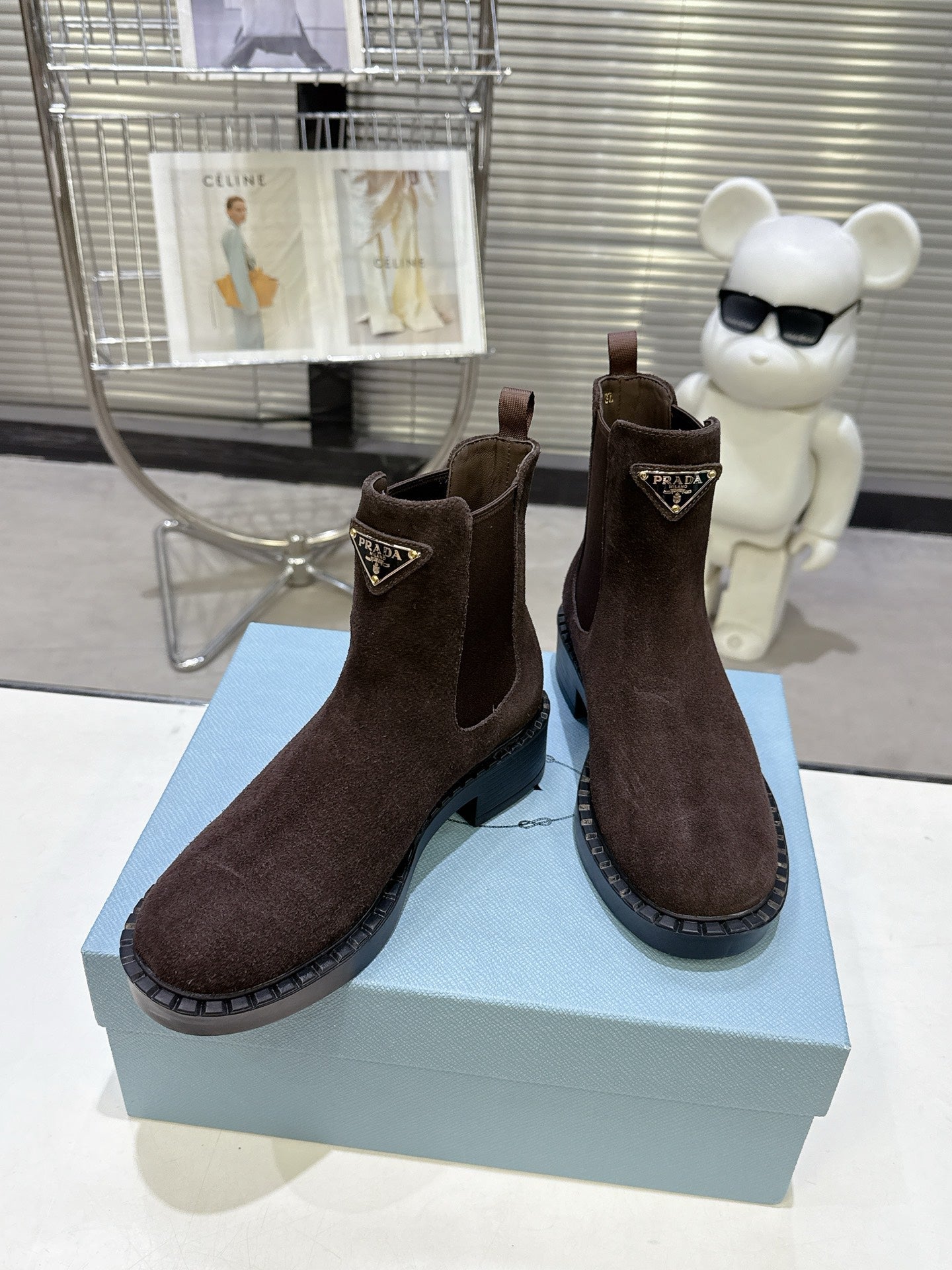 PRADA 25S RETRO PLATFORM MARTIN BOOTS IN DARK BROWN SUEDE