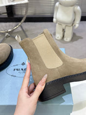 PRADA 25S RETRO PLATFORM MARTIN BOOTS IN BEIGE SUEDE