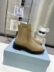 PRADA 25S RETRO PLATFORM MARTIN BOOTS IN BEIGE SUEDE