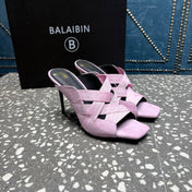 BALMAIN 26S HIGH-HEEL SANDALS 95 MM IN PALE LILAC PINK SUEDE AND FABRIC