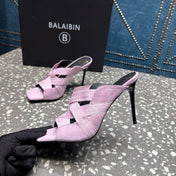 BALMAIN 26S HIGH-HEEL SANDALS 95 MM IN PALE LILAC PINK SUEDE AND FABRIC