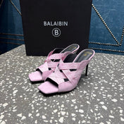 BALMAIN 26S HIGH-HEEL SANDALS 95 MM IN PALE LILAC PINK SUEDE AND FABRIC