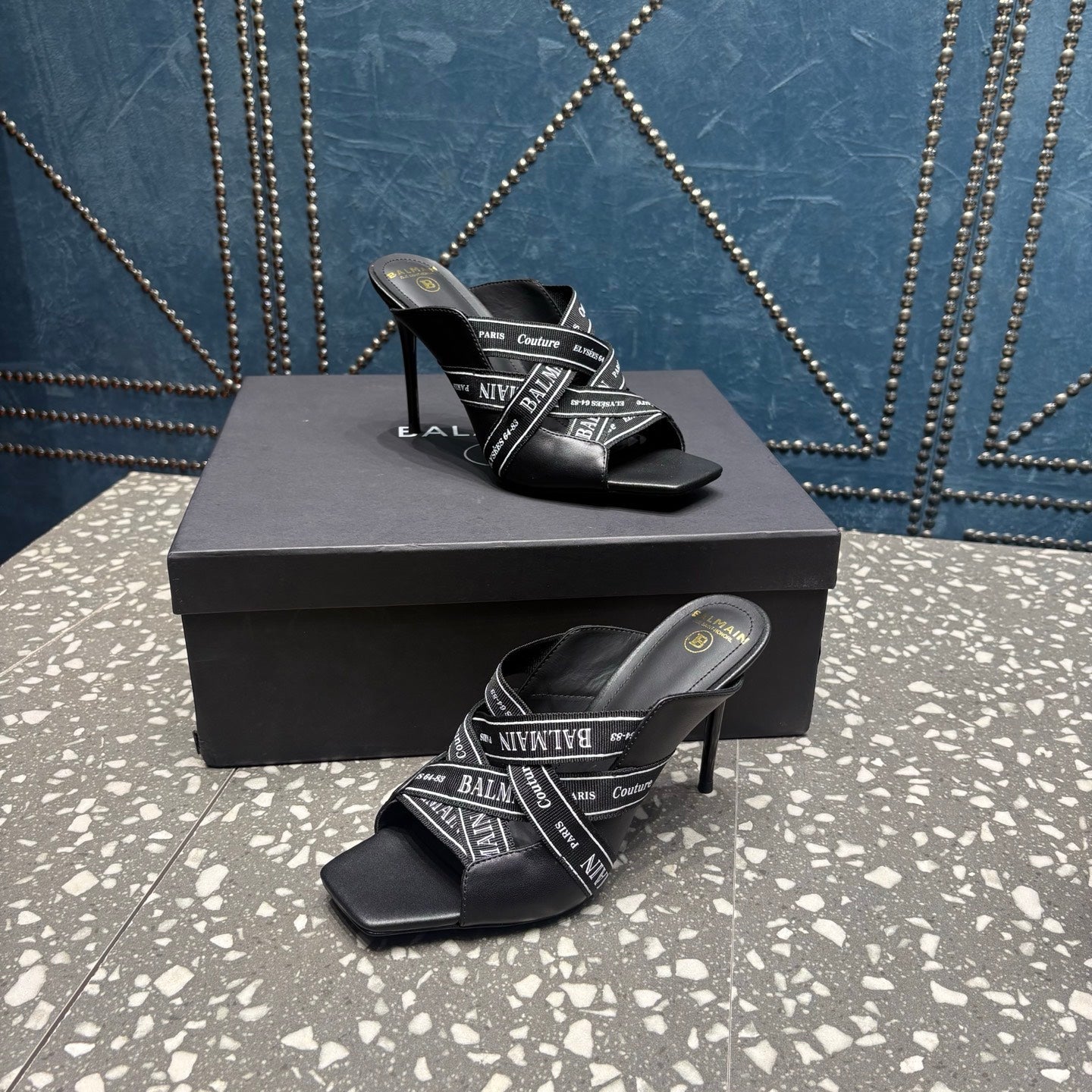 BALMAIN 26S HIGH-HEEL SANDALS 95 MM IN BLACK CALFSKIN AND FABRIC