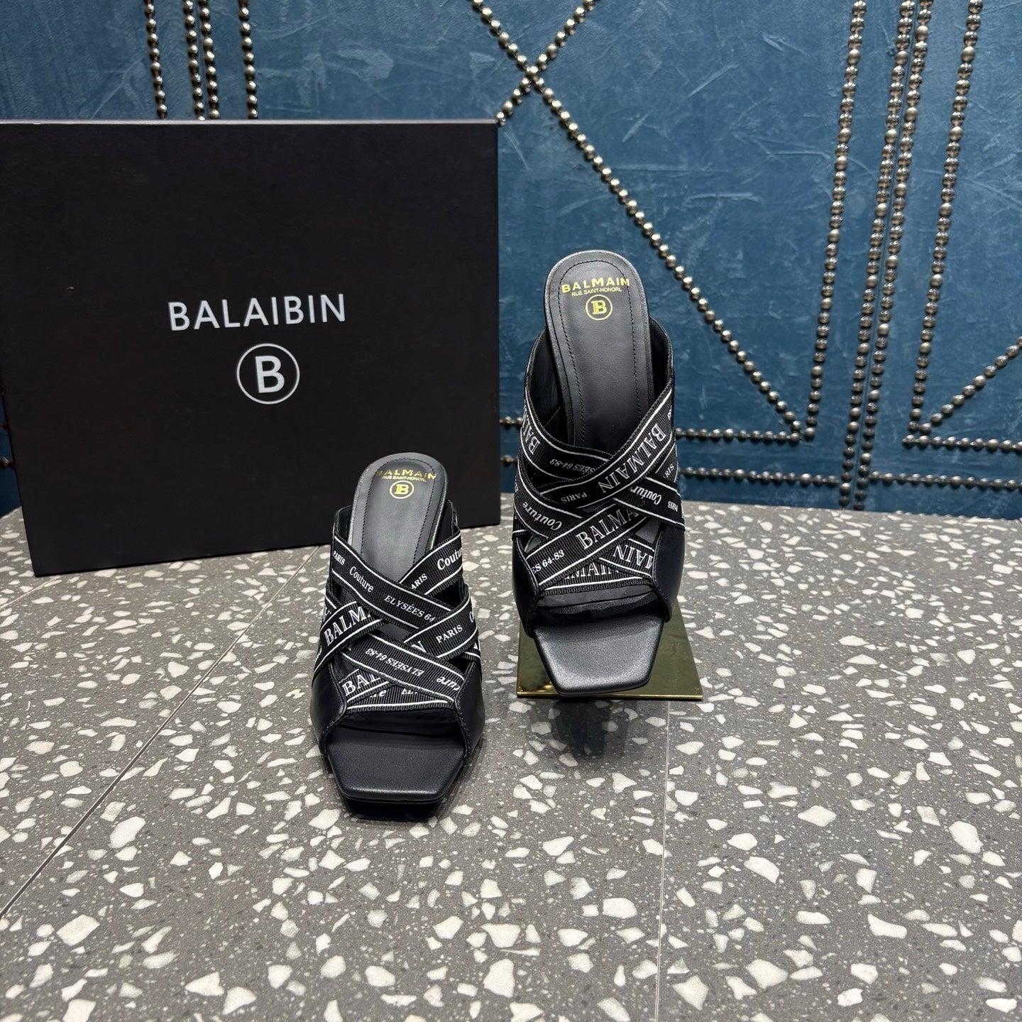 BALMAIN 26S HIGH-HEEL SANDALS 95 MM IN BLACK CALFSKIN AND FABRIC