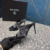 BALMAIN 26S HIGH-HEEL SANDALS 95 MM IN BLACK CALFSKIN AND FABRIC