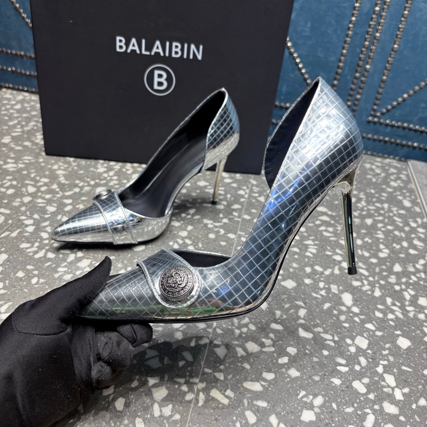 BALMAIN 26S HIGH-HEEL SHOES 95 MM IN SILVER CALFSKIN