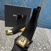 BALMAIN 26S BOOTS 65 MM IN BLACK SUEDE AND GOLD CALFSKIN