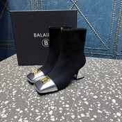 BALMAIN 26S BOOTS 65 MM IN BLACK SUEDE AND SILVER CALFSKIN