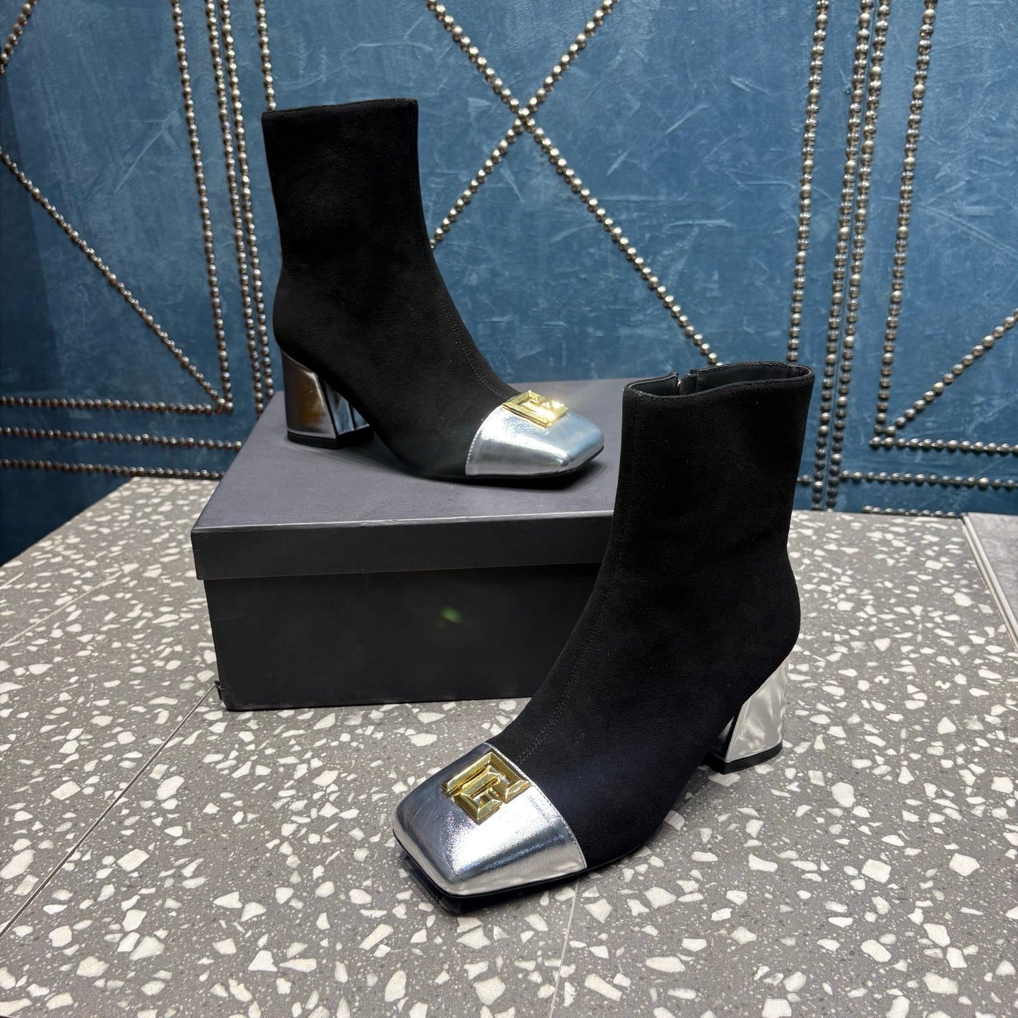 BALMAIN 26S BOOTS 65 MM IN BLACK SUEDE AND SILVER CALFSKIN