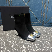 BALMAIN 26S BOOTS 65 MM IN BLACK SUEDE AND SILVER CALFSKIN