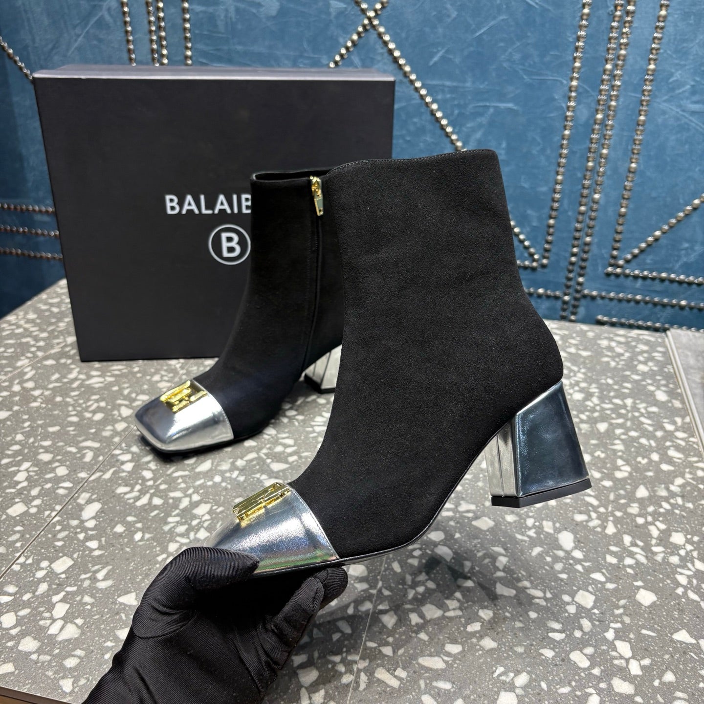 BALMAIN 26S BOOTS 65 MM IN BLACK SUEDE AND SILVER CALFSKIN