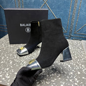 BALMAIN 26S BOOTS 65 MM IN BLACK SUEDE AND SILVER CALFSKIN